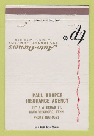 Matchbook Cover - Paul Hooper Insurance Murfreesboro TN 40 Strike