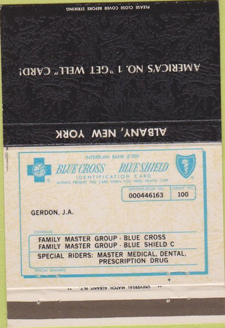Matchbook Cover - Blue Cross Blue Shield Insurance Albany NY 40 Strike