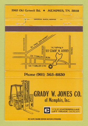 Matchbook Cover - Grady Jones Caterpillar Fork Lifts Memphis TN 40 Strike