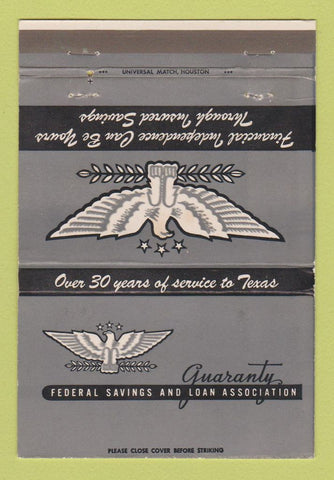 Matchbook Cover - Guaranty Federal Savings Loan Galveston Houston TX 40 Strike