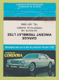 Matchbook Cover - Chrysler Cordoba Forestville QC Tremblay WEAR 40 Strike