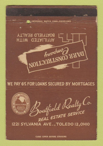 Matchbook Cover - Boatfield Real Estate Toledo OH WORN 40 Strike