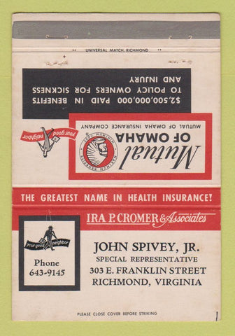 Matchbook Cover - Mutual of Omaha Insurance John Spivey Richmond VA 40 Strike