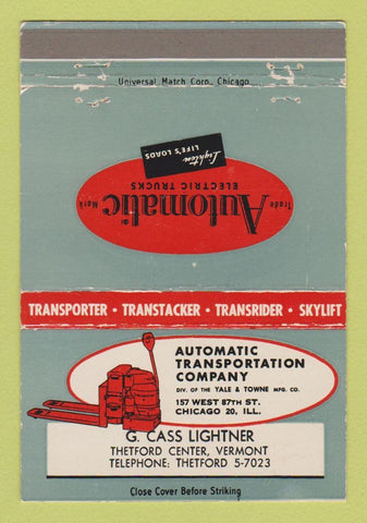 Matchbook Cover Automatic Fork Lifts Lightner Thetford Center VT WEAR 40 Strike