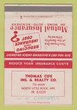 Matchbook Cover - Thomas Cox Insurance North Little Rock AR WEAR 40 Strike