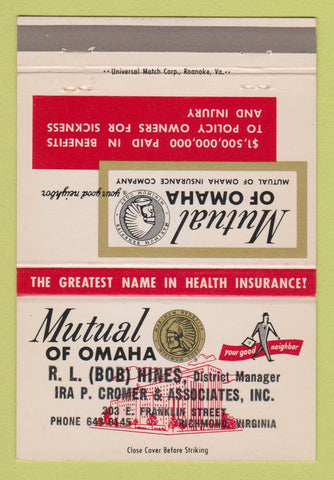 Matchbook Cover - Mutual of Omaha Insurance RL Hines Richmond VA 40 Strike