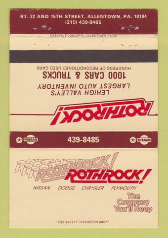 Matchbook Cover - Rockrock Nissan Chrysler Allentown PA Dodge 40 Strike