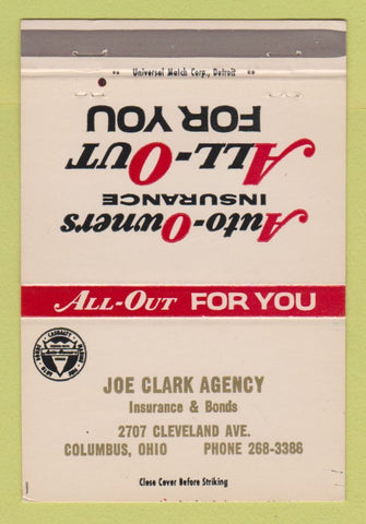 Matchbook Cover - Joe Clark Insurance Columbus OH 40 Strike