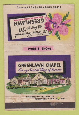 Matchbook Cover - Greenlawn Funeral Chapel Bakersfield CA WEAR 40 Strike
