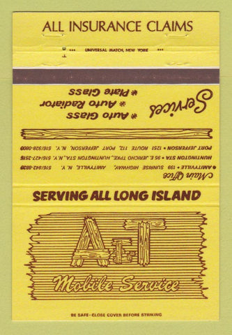 Matchbook Cover - A&T Mobile Auto Glass Port Jefferson Amityville NY 40 Strike