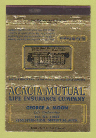 Matchbook Cover - Acacia Mutual Insurance George Moon Detroit MI WEAR 40 Strike
