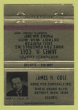Matchbook Cover - James Cole Funeral Home Detroit MI 40 Strike