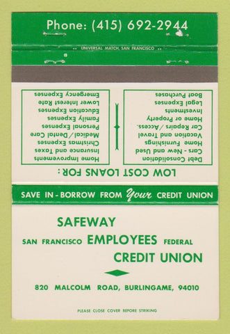 Matchbook Cover - Safeway Employees Credit Union San Francisco CA 40 Strike