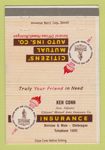 Matchbook Cover - Ken Conn Insurance Cheboygan MI 40 Strike