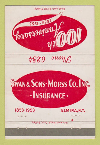 Matchbook Cover - Swan Sons Morss Insurance Elmira NY 1953 40 Strike