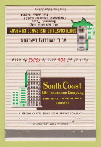 Matchbook Cover - WL LaFleur Insurance South Coast Beaumont TX 40 Strike