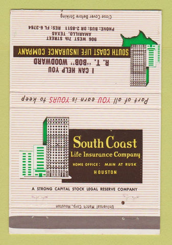 Matchbook Cover - RT Woodward Insurance South Coast Amarillo TX 40 Strike