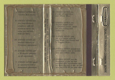 Matchbook Cover - Unisec San Landro CA 40 Strike