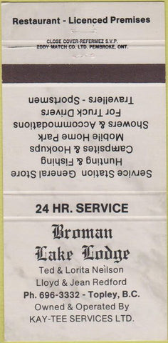 Matchbook Cover - Broman Lake Lodge Topley BC WEAR 30 Strike