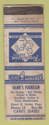 Matchbook Cover - Hank's Fountain Carey ID WORN