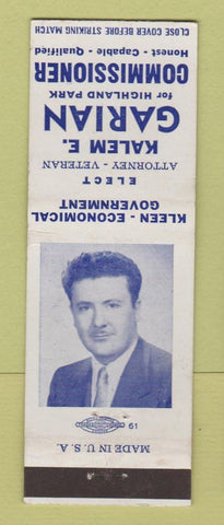 Matchbook Cover - Kalem Garian Commissioner Election Highland Park MI