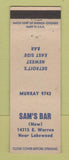 Matchbook Cover - Sam's Bar Detroit MI