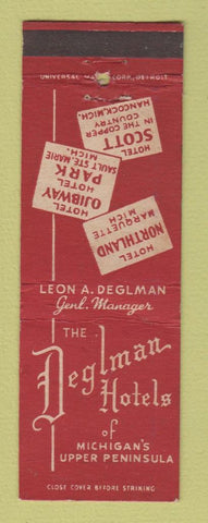 Matchbook Cover - Deglman Hotels Marquette Sault Ste Marie Hancock MI