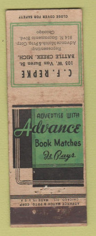 Matchbook Cover - Advance Book Matches CF Repke Battle Creek MI WORN