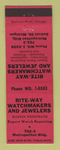 Matchbook Cover - Rite Way Watchmakers Jewelry Detroit MI Martin Weintraub