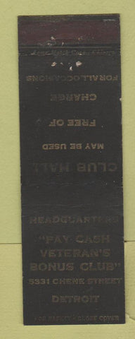 Matchbook Cover - Veterans Club Hall Detroit MI