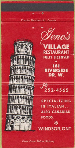 Matchbook Cover - Geno's Village Restaurant Windsor ON 30 Strike