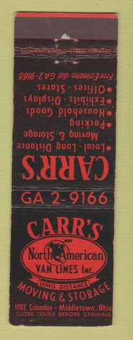 Matchbook Cover - Carr's North American Van Lines Trucking Middletown OH