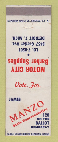 Matchbook Cover - James Manzo State Rep Election Detroit MI Motor City Barbers