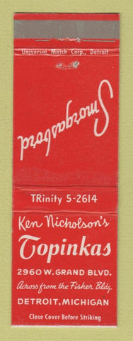 Matchbook Cover - Ken Nicholson's Topinkas Detroit MI