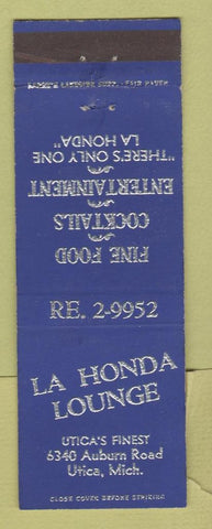Matchbook Cover - La Honda Lounge Utica MI