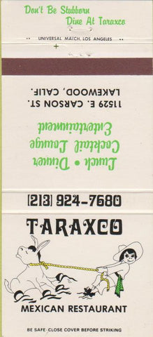 Matchbook Cover - Taraxco Mexican Restaurant Lakewood CA 30 Strike
