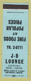 Matchbook Cover - JB Lounge Detroit MI restaurant