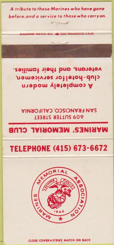 Matchbook Cover - Marines' Memorial Club San Francisco CA 30 Strike