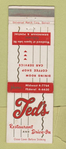 Matchbook Cover - Ted's Restaurant Birmingham Pontiac MI
