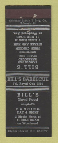 Matchbook Cover - Bill's Restaurant Royal Oak? MI ADVANCE
