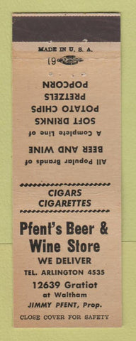 Matchbook Cover - Pfent's Beer Wine Detroit MI WEAR