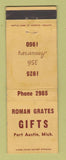 Matchbook Cover - Roman Grates Gifts Port Austin MI 1960 WORN