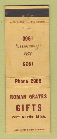 Matchbook Cover - Roman Grates Gifts Port Austin MI 1960 WORN
