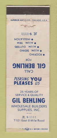 Matchbook Cover - Gil Behling Builders Supply Detroit MI