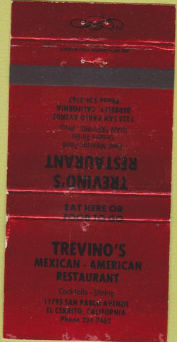 Matchbook Cover - Trevino's Mexican Restaurant El Cerrito Ca Red 30 Strike