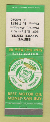 Matchbook Cover - Quaker State oil gas Berta's Warren MI
