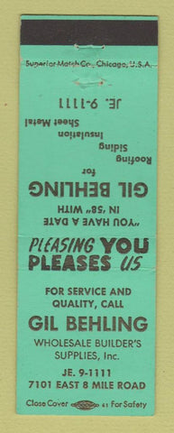 Matchbook Cover - Gil Behling Builder's Supply Detroit MI