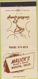 Matchbook Cover - Malick's Cocktail Bar Madera CA 30 Strike