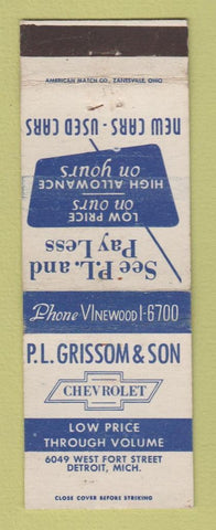 Matchbook Cover - PL Grissom Chevrolet Detroit MI