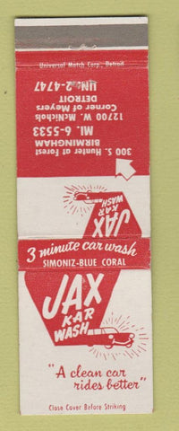 Matchbook Cover - Jax Kar Wash Detroit MI Birmingham
